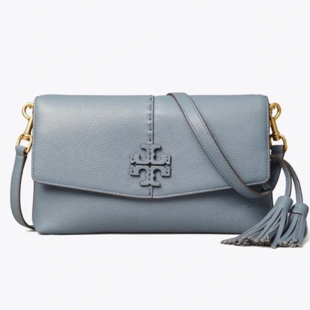 TORY BURCH McGraw - Front Flap Tassels Pebbled Leather CrossBody Bag